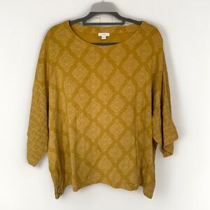 Pure Jill Womens Boxy Gauzy Boho Top Large Mustard Oversized Medallion Cotton